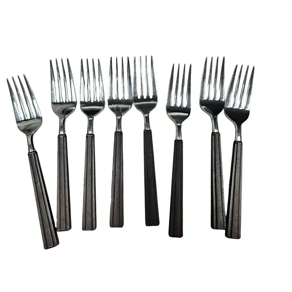Vintage EKCO ETERNA Rare Shape Brown‎ Faux Wood Handle Flatware Forks 34 Pieces